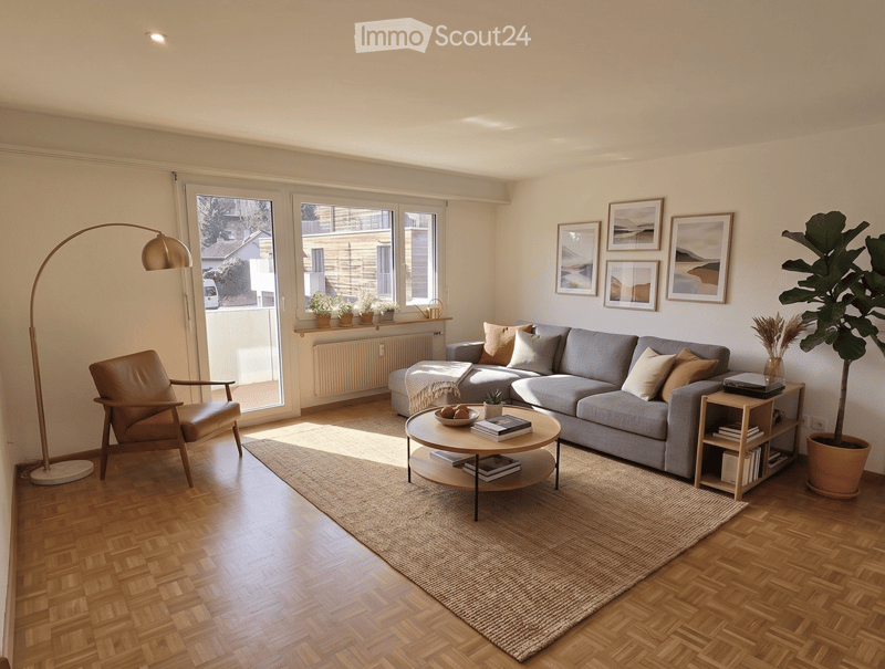 living room with wooden floor, gray sofa, coffee table, wooden chair, floor lamp, rug, potted plants, picture frames, balcony with potted plants