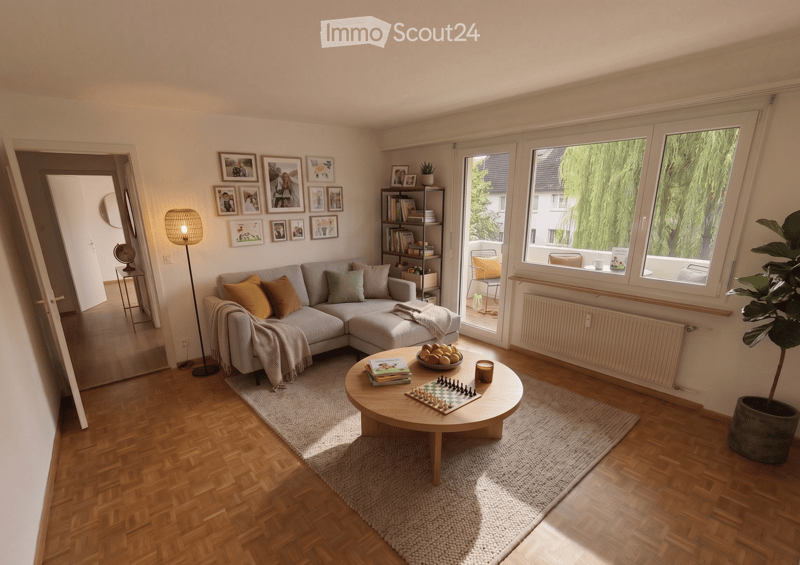 living room with wooden floor, gray sofa, coffee table, chess board, books, potted plant, radiator, balcony, large windows, picture frames, lamp