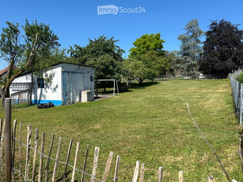 A fenced garden area with a small shed, grassy lawn, trees, and a playground structure in the background.
