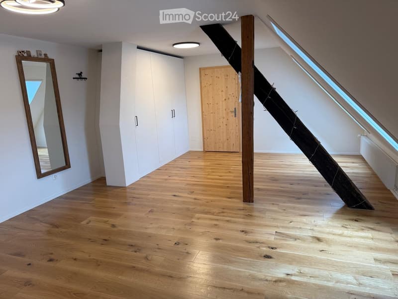Bright, empty room with wooden flooring, white walls, large mirror, and a wooden door leading to another space. Natural light streams in from a skylight.