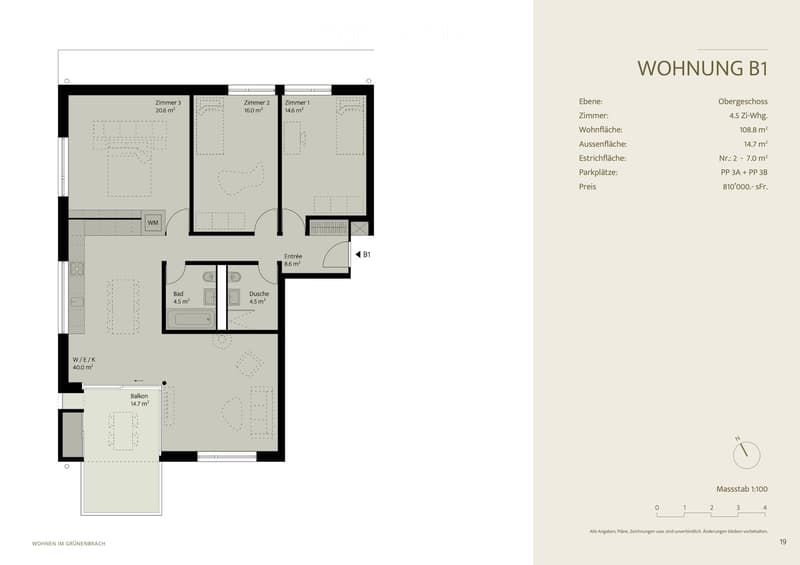 Floor plan of a 4.5-room apartment on the first floor, including three bedrooms, a living room, a kitchen, a bathroom, a shower, and a balcony.