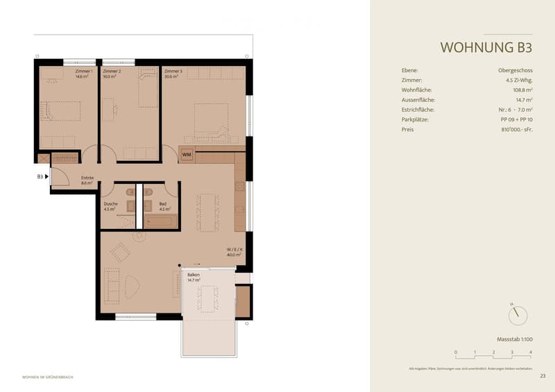Floor plan of a 4.5-room apartment with108.8 m² living space, including three bedrooms, a bathroom, a shower, a kitchen, and a balcony.