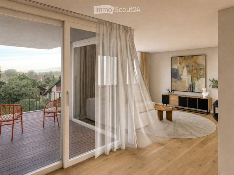 Modern living room with large windows and a view, featuring a sofa, coffee table, chairs, a cabinet, and artwork.