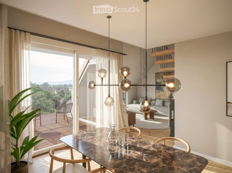 Modern living and dining area with a marble dining table, wooden chairs, a sofa, pendant lights, and a view of the outdoor deck.