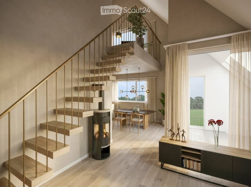 Modern interior with a wooden staircase, a central fireplace, a dining area with a table and chairs, and a sleek cabinet with decorative items.
