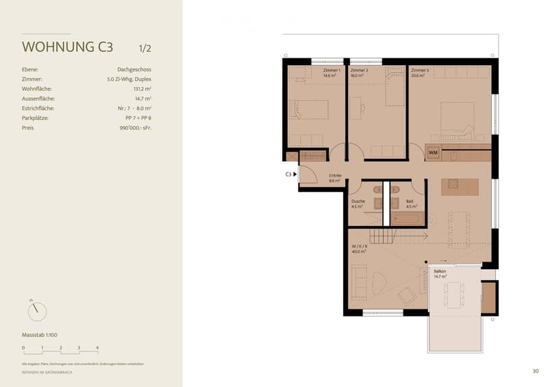 Floor plan of a 5.0 apartment duplex with3 bedrooms, 2 bathrooms, kitchen, entrance, and balcony.