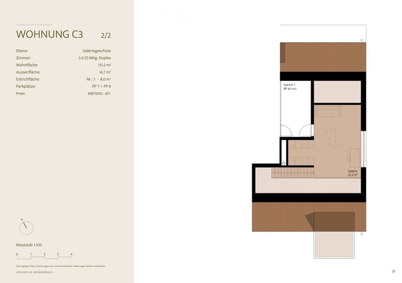 Floor plan of a 2-story duplex apartment with 5 rooms, including a gallery level, living area, and balcony.
