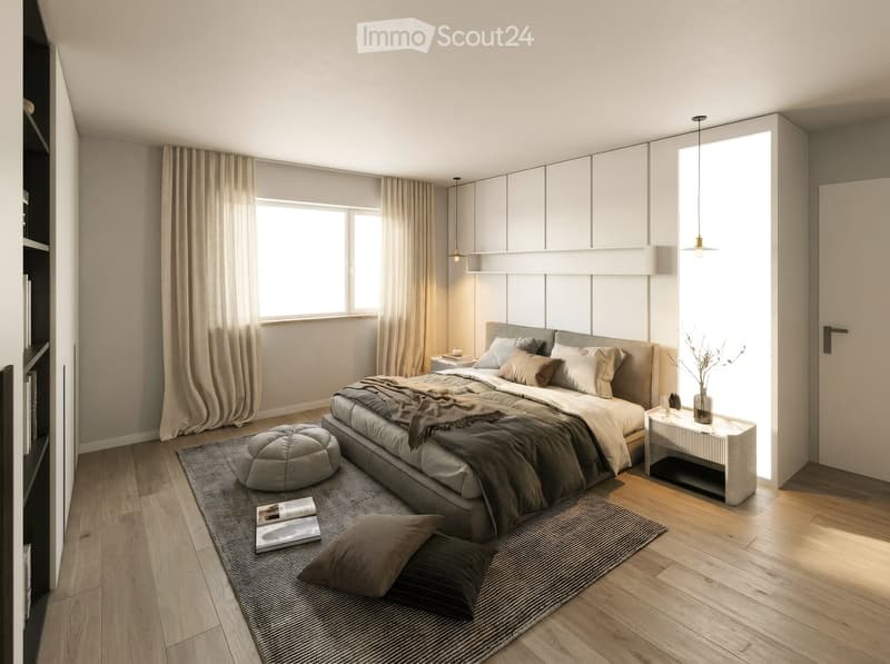 Modern bedroom with a large bed, nightstand, ottoman, and decorative items. Features large windows with curtains, pendant lights, and built-in cabinets.