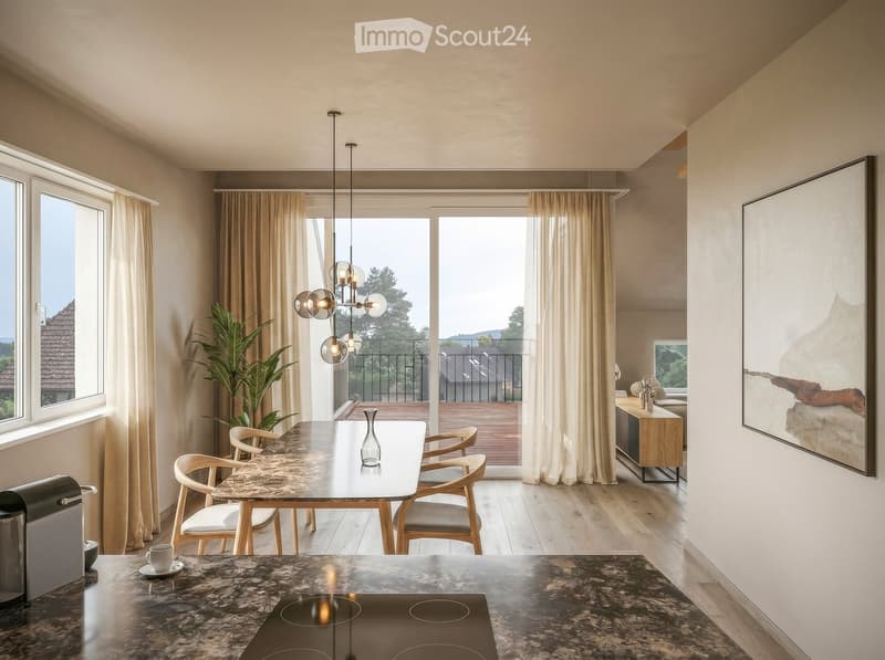 Modern kitchen and dining area with a sleek dining table, chairs, and a balcony view. Features include a coffee machine, induction stove, and a large picture frame on the wall.