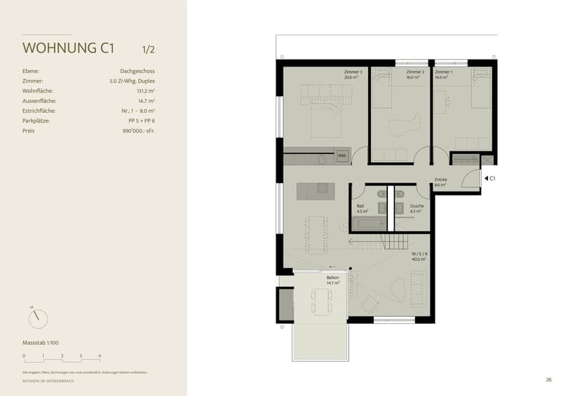 Floor plan of a 5.0-room duplex apartment with 131.2 m² living area, including three bedrooms, a bathroom, a shower, a kitchen, and a balcony.