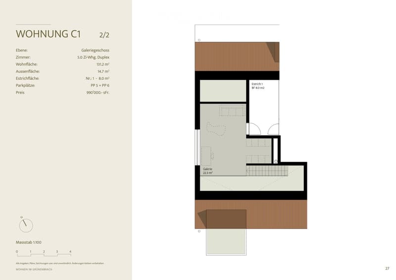 Floor plan of a 5-room duplex apartment on the gallery level, featuring a living area, bedrooms, and a gallery space.
