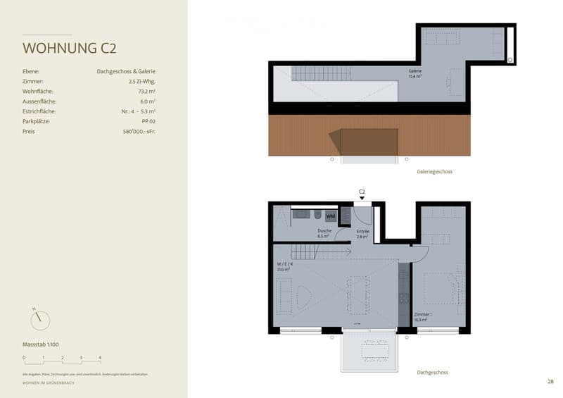 Floor plan of a 2.5-room apartment with a gallery level, including a living area, kitchen, bedroom, bathroom, and entrance.