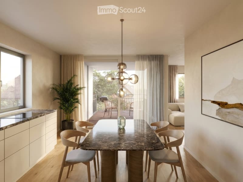 Modern dining area with a marble dining table, six chairs, a chandelier, a potted plant, a sofa, and a large picture frame on the wall. The room has large windows and a view of a balcony with outdoor furniture.