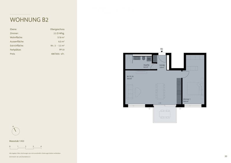 Floor plan of a 2.5-room apartment on the upper floor, including a living/dining/office area, bedroom, entrance, and bathroom.