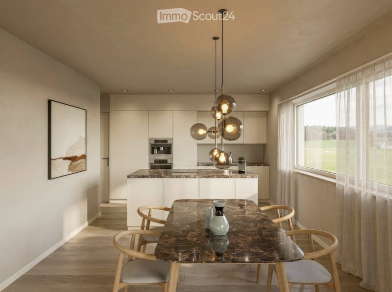 Modern kitchen and dining area with white cabinets, a marble countertop, a pendant light fixture, and a dining table with chairs.