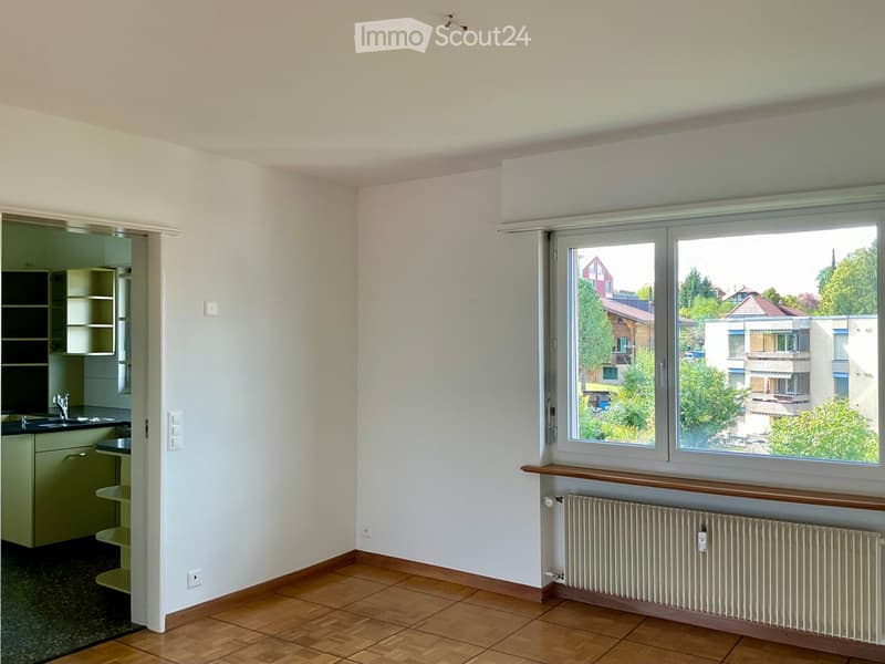 Empty room with wooden flooring, white walls, large window with view of buildings and trees, radiator, and small closet with shelves.