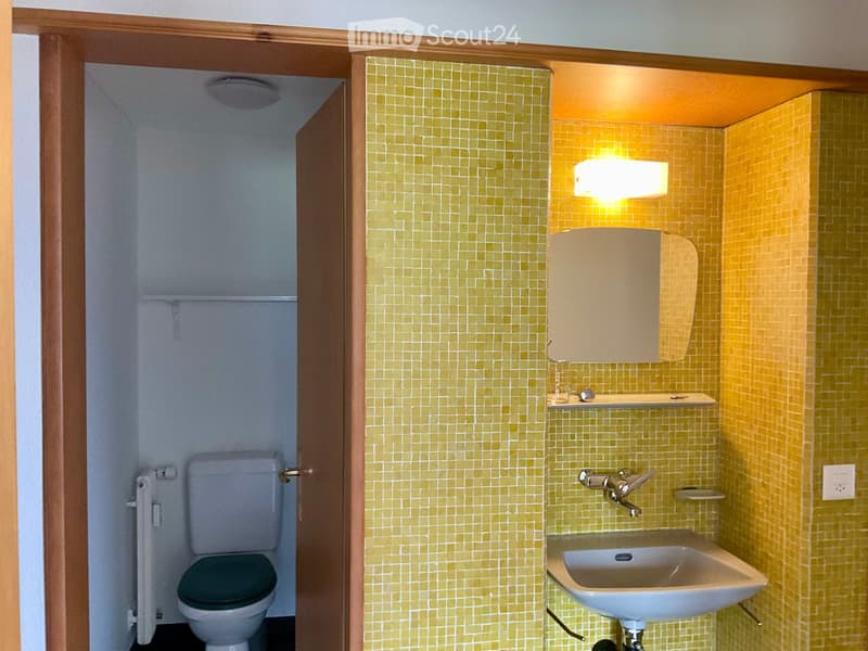 Compact bathroom with yellow mosaic tiles, a toilet, a sink with a mirror, and a built-in shelf. The room features warm lighting and a wooden door frame.