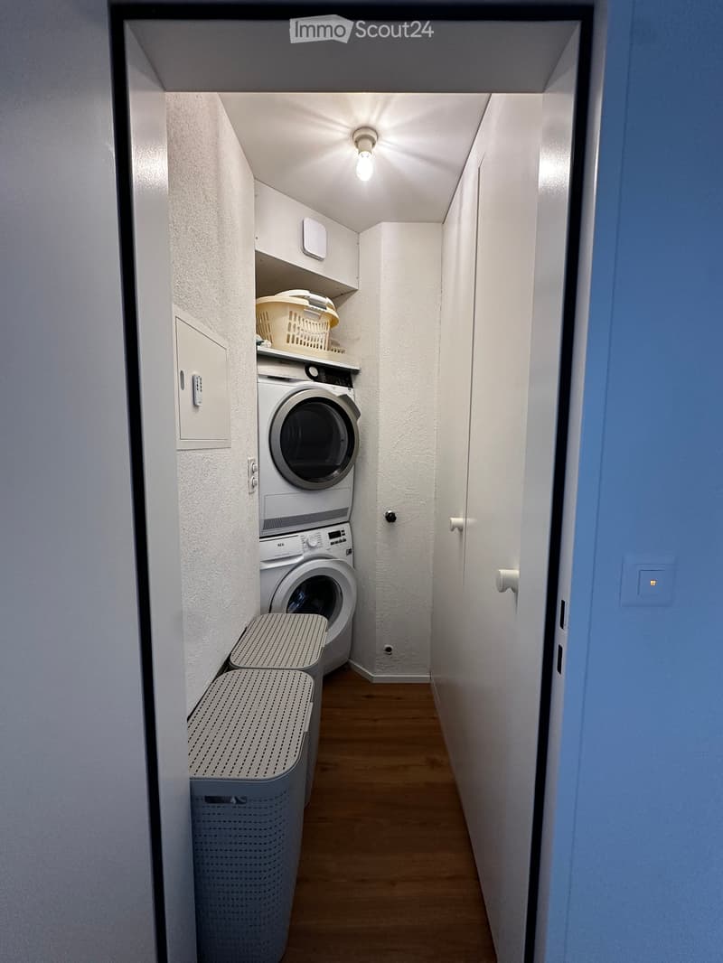 Narrow hallway with white walls, wooden floor, and a small laundry area featuring a washing machine, dryer, and laundry basket.