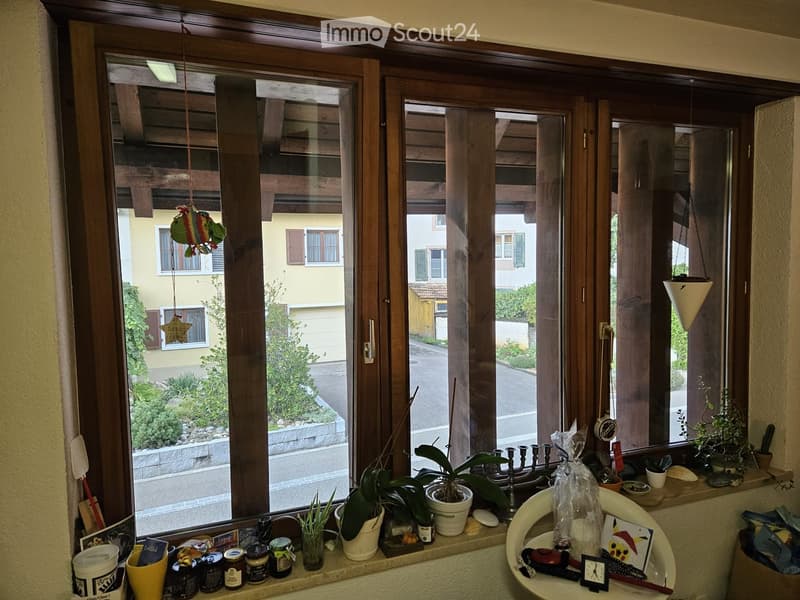 Windowsill with potted plants, jars, a faucet, and decorative items including a picture frame and a clock.