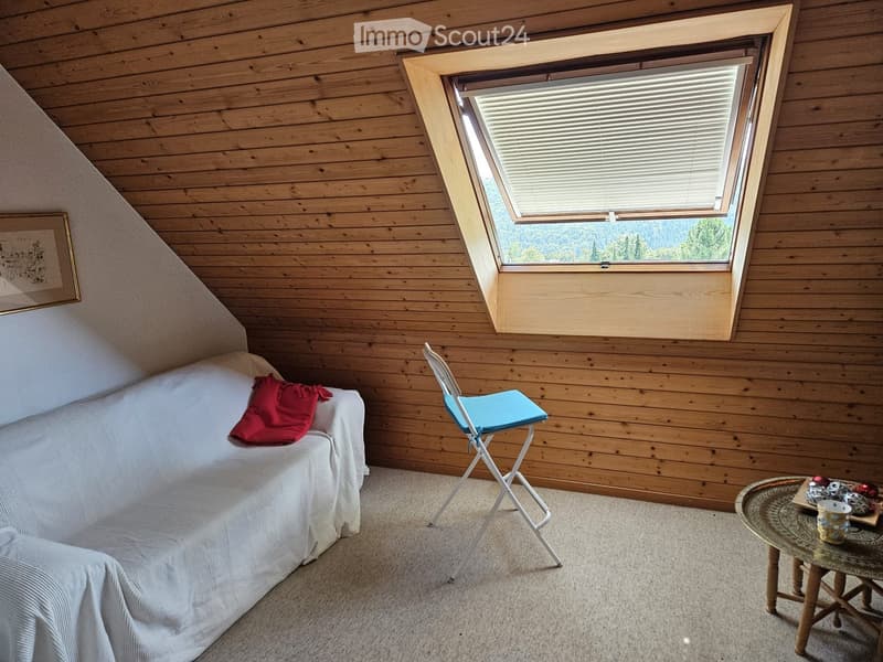 A cozy, wooden-paneled room with a slanted ceiling, featuring a sofa with a red throw, a small folding chair, a round table with a cup and decorative items, and a large skylight offering a scenic view.