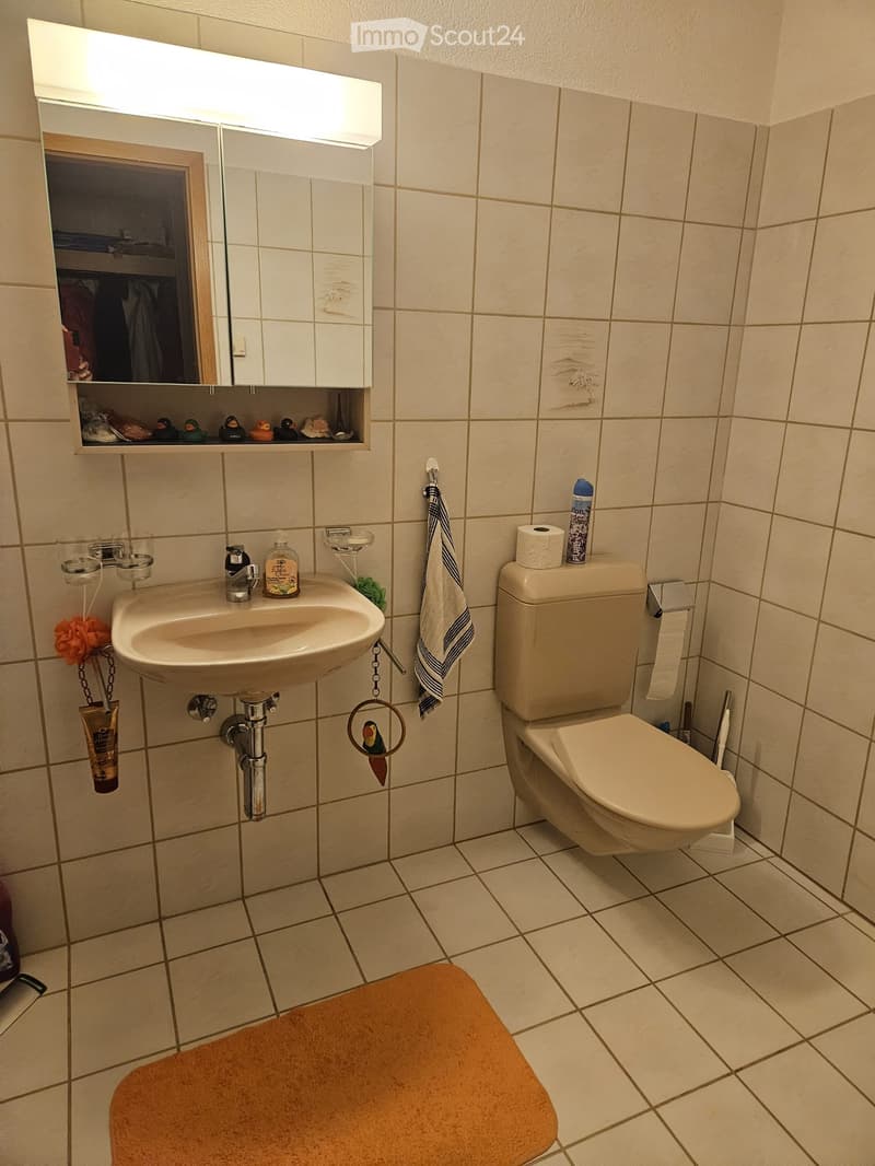 Bathroom with beige tiles, a sink, a toilet, a mirror with a shelf, a towel, and a toilet paper holder.