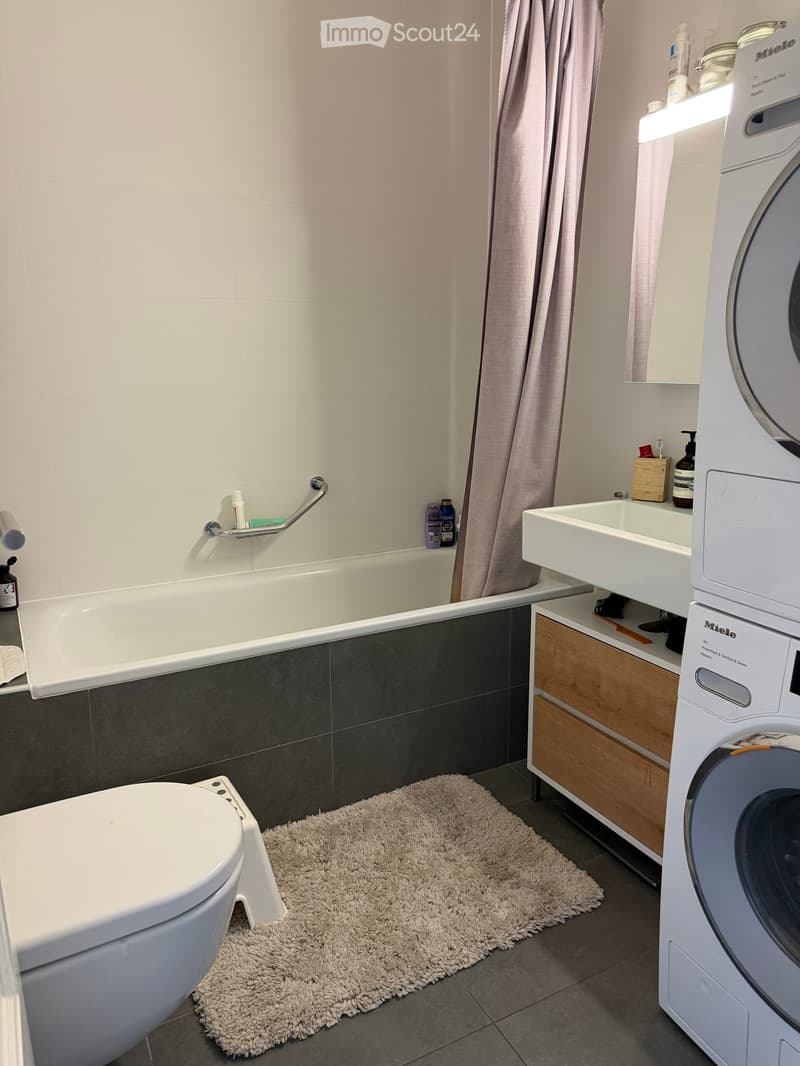 Modern bathroom with a bathtub, toilet, sink, washing machine, and a mirror. Features a beige rug on the floor and a curtain on the bathtub.