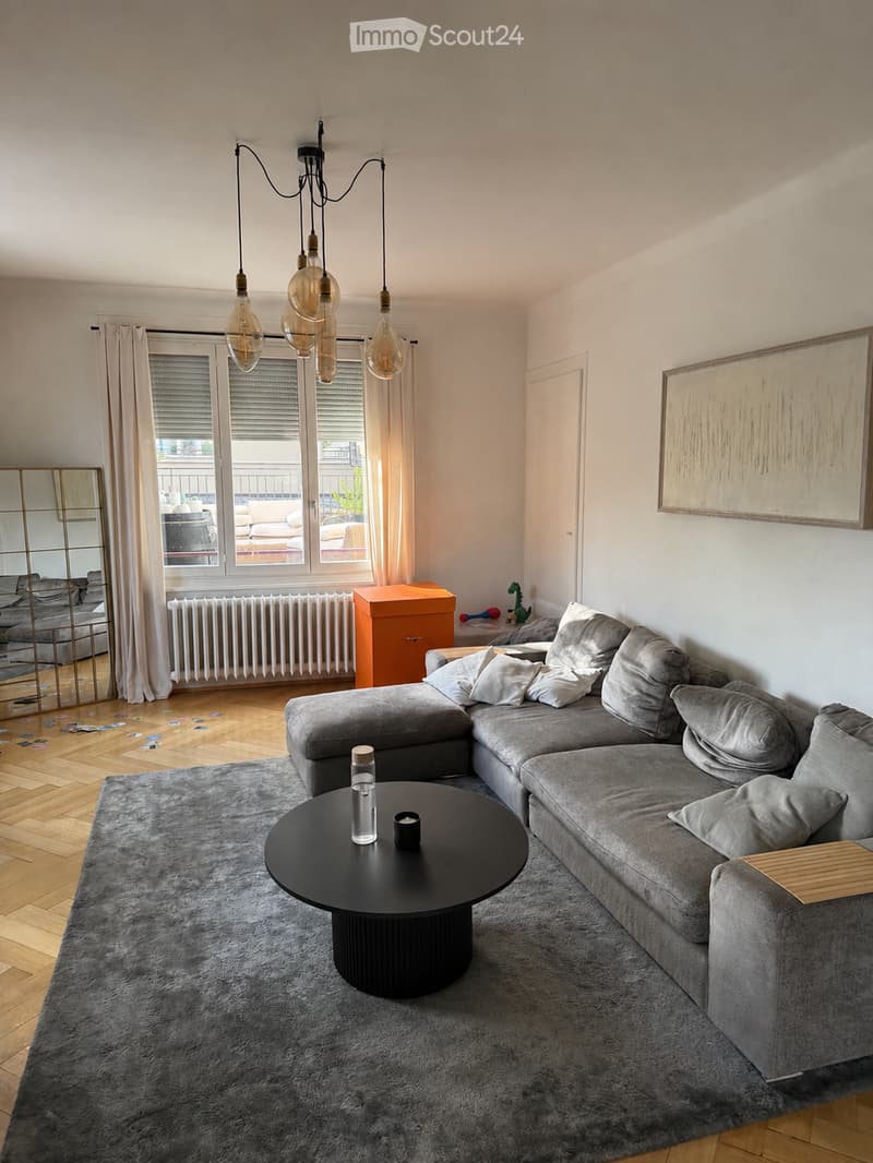 Modern living room with grey sectional sofa, black coffee table, floor lamp, large window with balcony access, and decorative items.