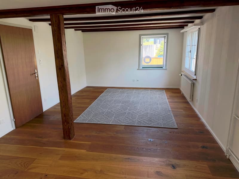 Empty room with wooden flooring, exposed wooden beams on the ceiling, a single grey rug, and two windows allowing natural light. The room features a wooden door on the left and a radiator on the right wall.