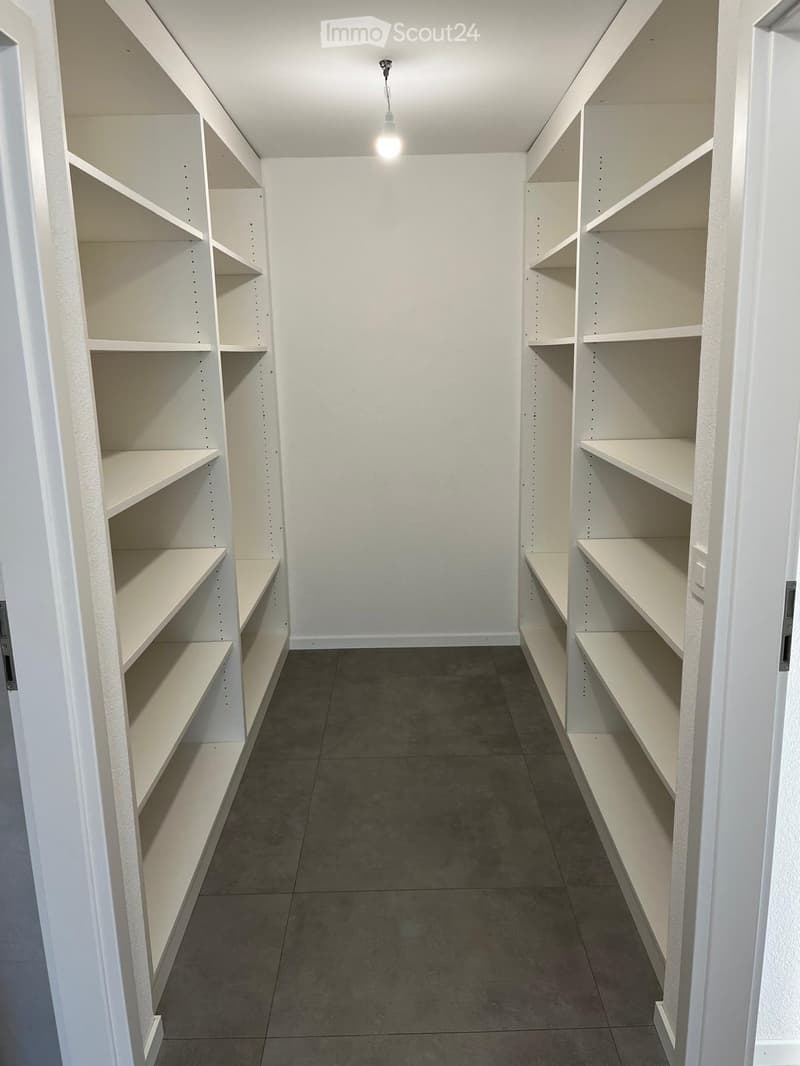 Empty closet with built-in white shelving units and a single hanging light fixture.