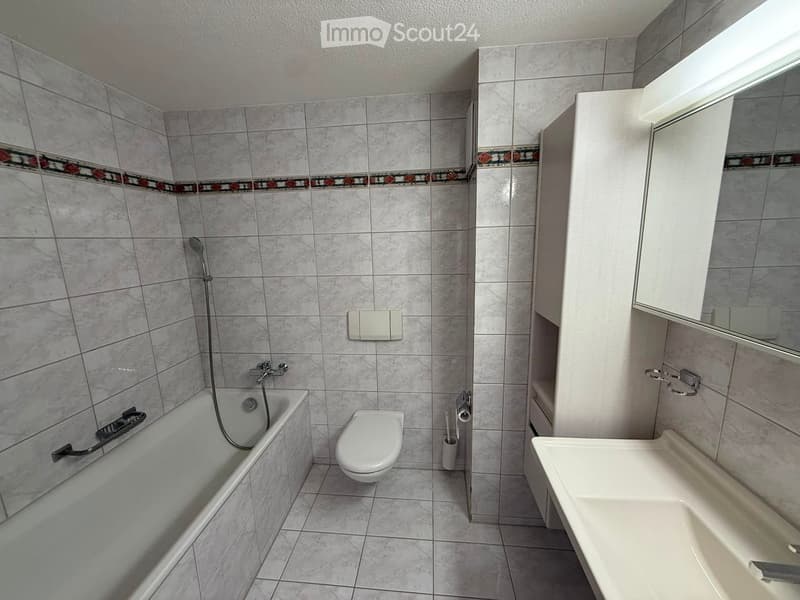 Bathroom with tiled walls and floor, featuring a bathtub with a handheld shower, a toilet, a sink with a mirror, and a toothbrush holder.