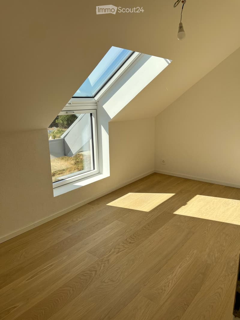 Empty attic room with wooden flooring, skylight windows, and natural light. No furniture or equipment present.