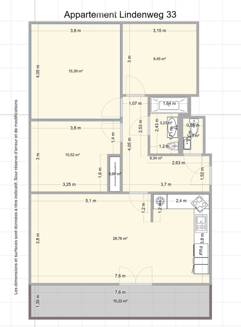 Floor plan of Appartement Lindenweg 33 showing a living area, kitchen, two bedrooms, and a bathroom.
