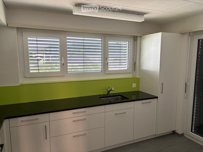 Modern kitchen with white cabinets, black countertop, and a green accent wall. Features a sink with a chrome faucet and three windows with blinds.