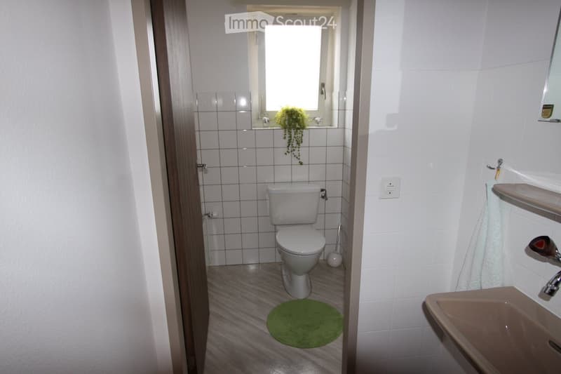 A small, well-lit bathroom with white tiled walls, a toilet, a sink with a mirror, a towel, a green rug, and a small plant on the windowsill.