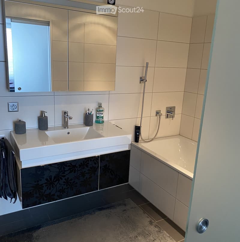 Modern bathroom with a white sink, mirror cabinet, bathtub, and various toiletries on the counter.