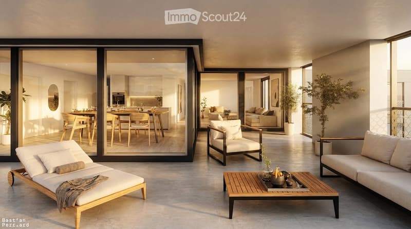Modern outdoor terrace with lounge chairs, coffee table, and indoor dining area visible through large glass doors.