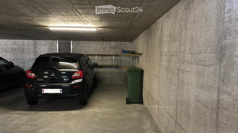 Underground parking space with two cars, metal shelves, and a green trash bin.