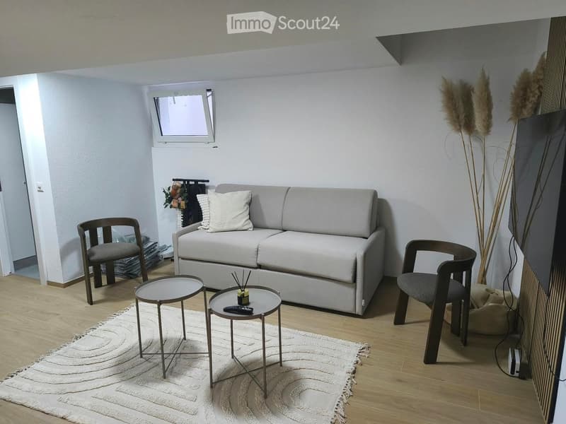 Modern living room with a grey sofa, two chairs, two small round tables, and a white rug on a wooden floor.