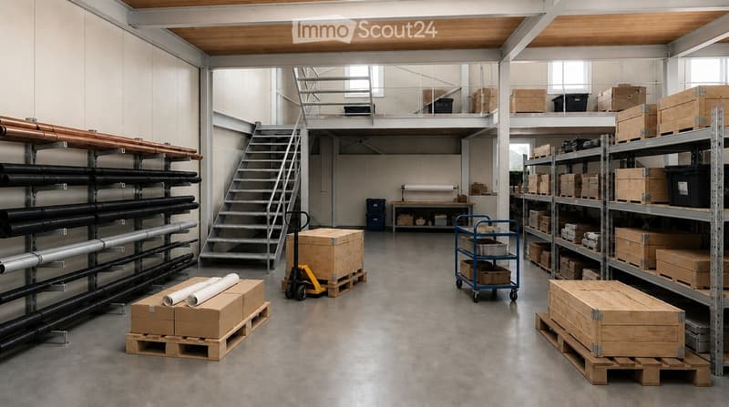 Warehouse with metal shelving, wooden pallets, carts, and a metal staircase leading to an upper level.