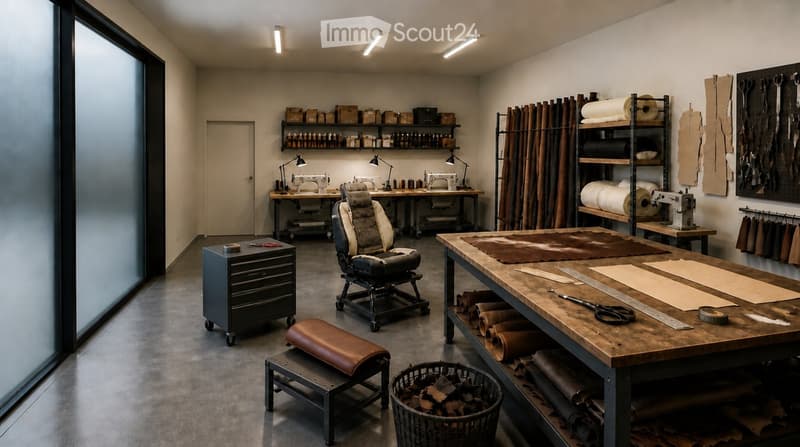 A well-organized workshop with a large wooden table, a comfortable chair, a small stool, shelves filled with supplies, sewing machines, and various tools.
