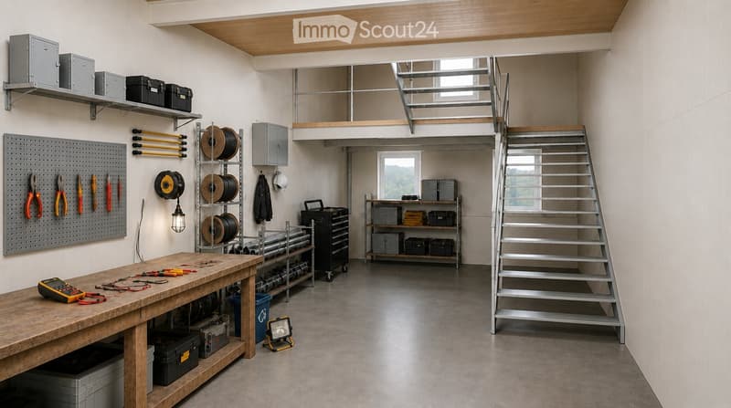 Well-organized workshop with a large wooden workbench, various tools, storage shelves, and a metal staircase leading to an upper level.