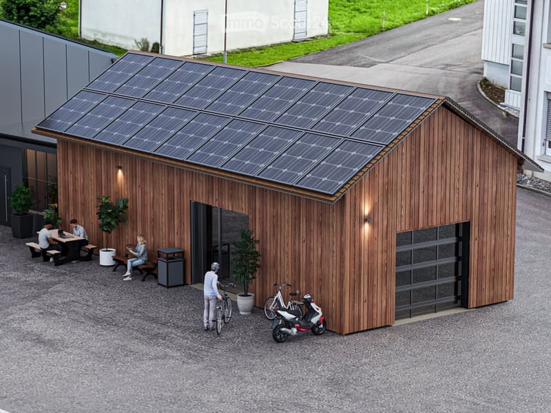 A modern wooden building with a solar-paneled roof, featuring a garage, seating area, and outdoor space with bicycles and scooters.
