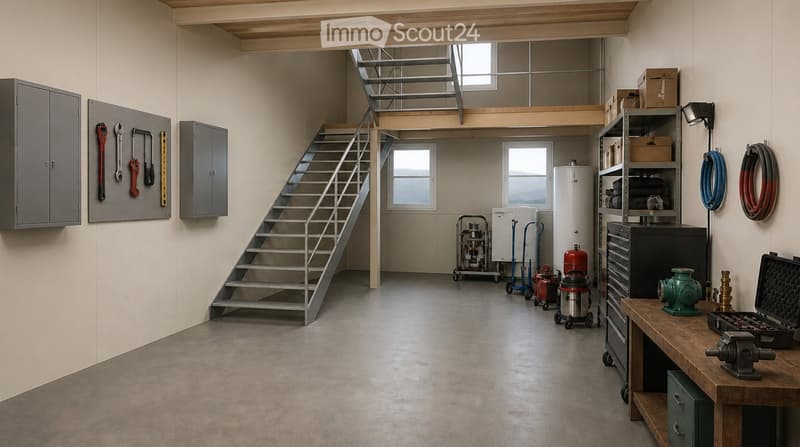 A spacious, well-lit garage with a metal staircase leading to an upper level, various tools and equipment neatly organized on walls and shelves, and a workbench with tools and supplies.
