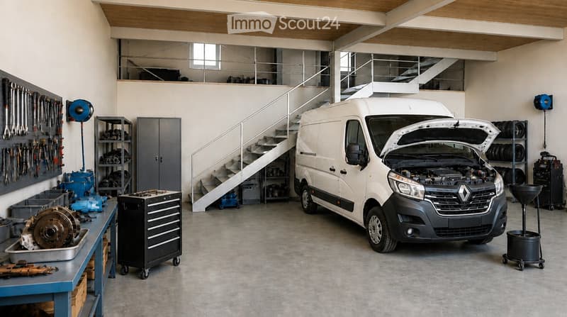 A spacious garage with a white van, tool wall, tool chest, workbench, tire rack, and staircase leading to an upper level.