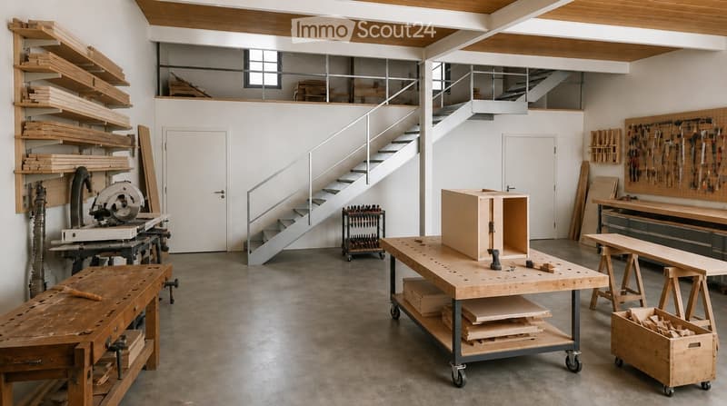 A spacious workshop with wooden workbenches, tools, shelves filled with wooden planks, and a staircase leading to an upper level.