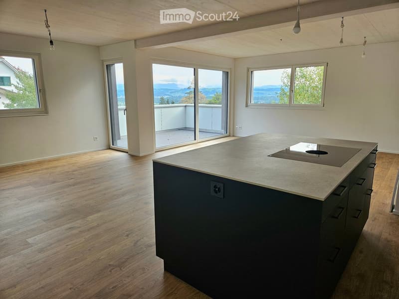 Modern kitchen with wooden flooring, large windows, and a central island with an induction cooktop. The space is bright and open, with a view of the surrounding landscape through the windows.