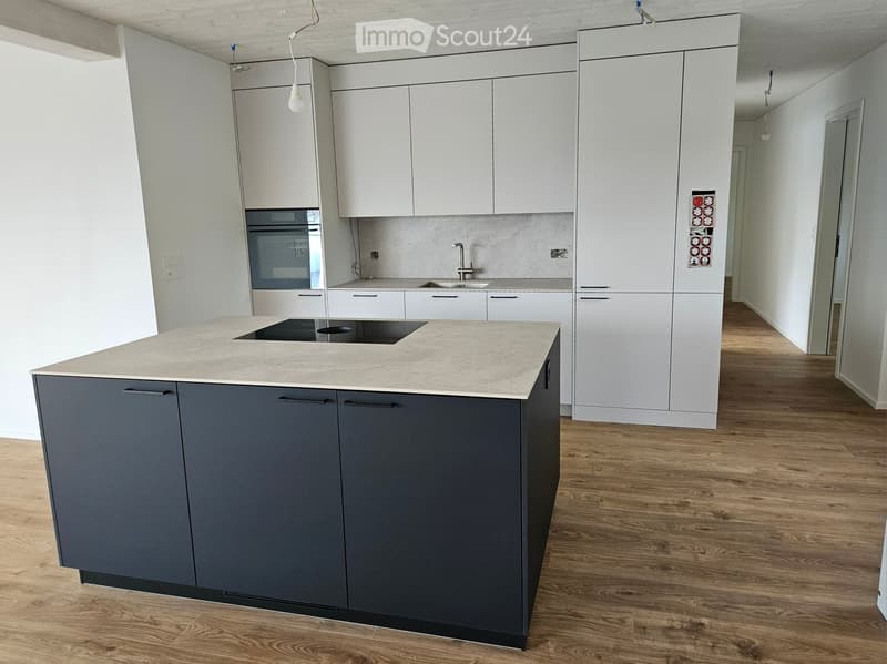 Modern kitchen with white cabinets, a central island with a built-in induction cooktop, and a sink with a modern faucet.