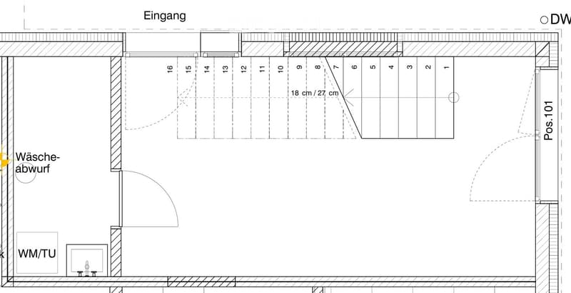 Floor plan of a residential space showing numbered rooms, entrance, laundry area, and utility space.