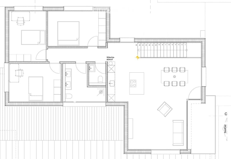 Floor plan of a multi-room residential space, including living room, dining area, kitchen, bedrooms, bathrooms, and a laundry area.