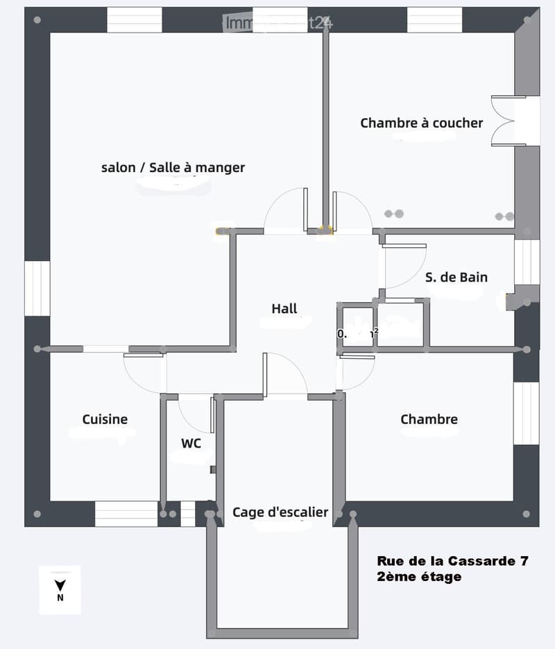 Floor plan of a 2nd floor apartment with a living/dining area, kitchen, bedroom, second bedroom, bathroom, WC, and hallway.
